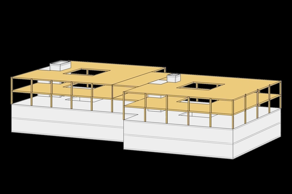 Visualisierung 2-geschossige Aufstockung auf bestehendem Grundriss. Stützen, Platten, fertig